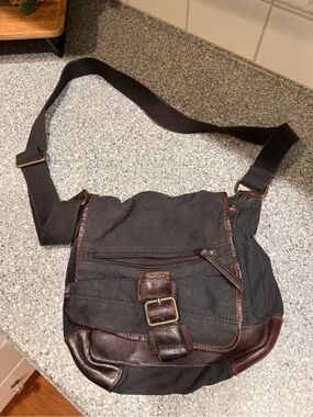 Casual Small Black Rivet Canvas Crossbody Bag with Brown Leather Trim